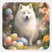 Sticker Carré Chien Samoyé avec oeufs de Pâques vacances (Devant)