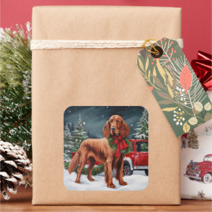 Sticker Carré Chien Setter Rouge Irlandais à Noël dans la Neige