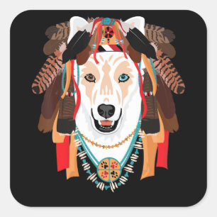 Sticker Carré Chien   Shaman Sibérien Husky Wolf Dog