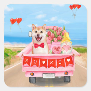 Sticker Carré Chien Shiba Inu Camion de la Saint-Valentin Cœurs