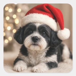 Sticker Carré Chien Shih Tzu de Noël avec chapeau de Père Noël