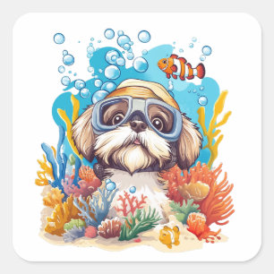 Sticker Carré Chien Shih Tzu Snorkeling dans un récif de corail