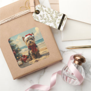Sticker Carré Chien Terrier Écossais Noël Plage Vintage