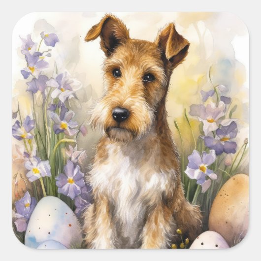 Sticker Carré Chien Terrier Wirefox Avec Oeufs De Pâques Vacance (Devant)