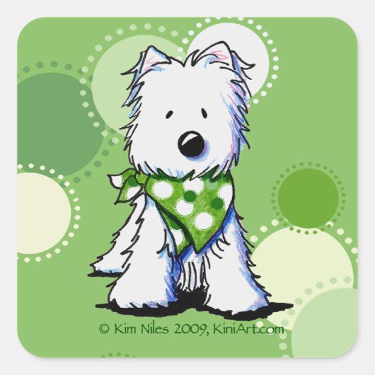Sticker Carré Chien Westie Dots Vert (Devant)