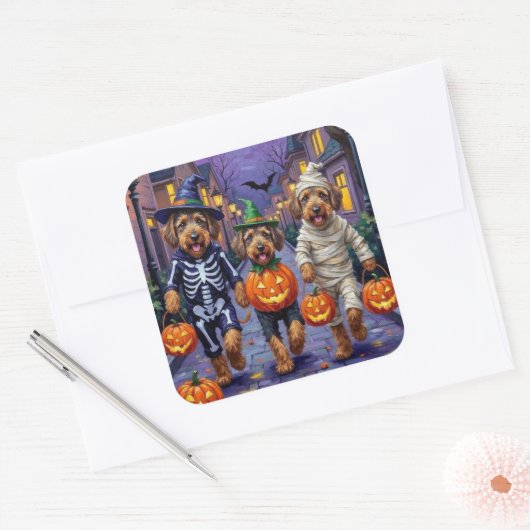 Sticker Carré Chiens Airedale Terrier Trick-or-Treating Hallowee (Enveloppe)