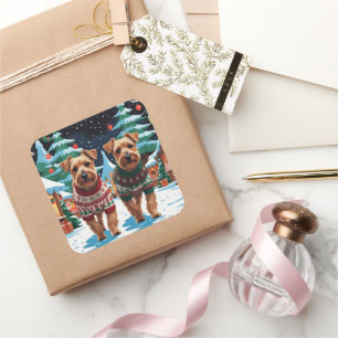 Sticker Carré Chiens Biewer Terrier Noël Neige Fêtes