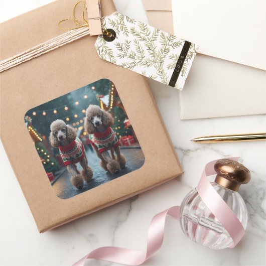 Sticker Carré Chiens Caniches Noël Neige Fêtes (Cadeaux)