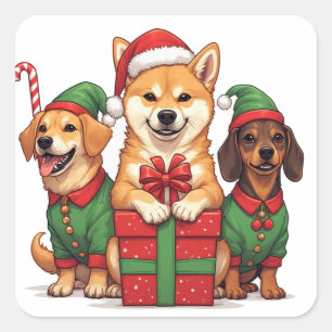 Sticker Carré Chiens célébrant Noël avec des cadeaux emballés