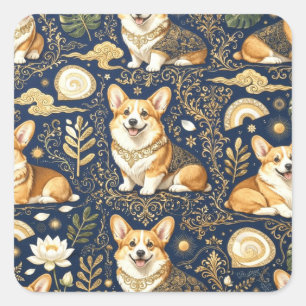 Sticker Carré Chiens Corgi Élégants Motif Damassé Or Bleu Marine