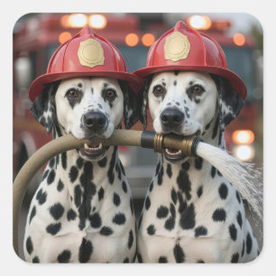 Sticker Carré Chiens dalmatiens tenant un tuyau d'incendie
