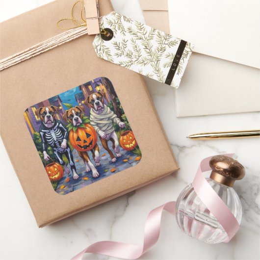 Sticker Carré Chiens de boxe - Trick ou traitement en costumes d (Cadeaux)