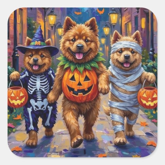 Sticker Carré Chiens de Chow Chow Trick or Treating Halloween Co (Devant)
