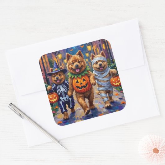 Sticker Carré Chiens de Chow Chow Trick or Treating Halloween Co (Enveloppe)