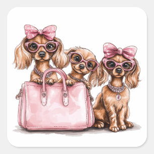 Sticker Carré Chiens de Dachshund à la mode Porte-monnaie rose