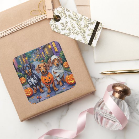 Sticker Carré Chiens de Dachshund Trick-or-Treating en Halloween (Cadeaux)