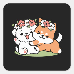 Sticker Carré Chiens de jeu avec Flower Crowns - Fun Spring Them