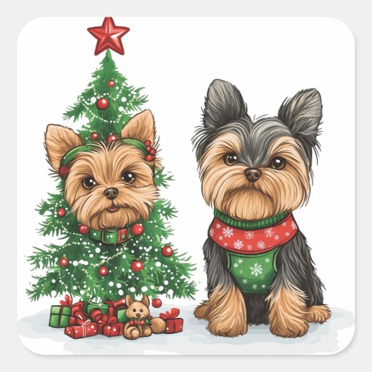 Sticker Carré Chiens de Noël Yorkie (Devant)