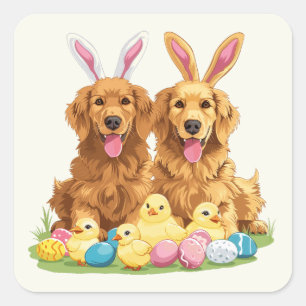 Sticker Carré Chiens de Pâques Golden Retriever Chiens Bunny Ore