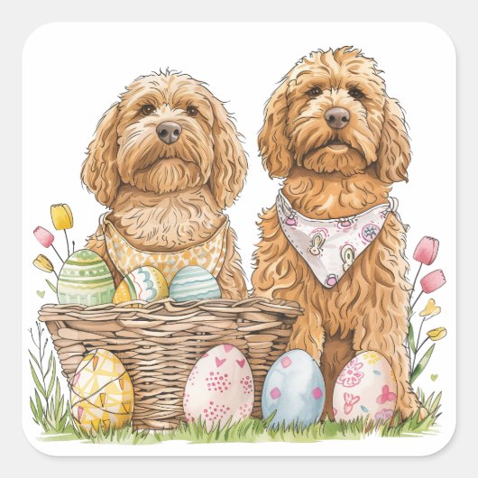 Sticker Carré Chiens de Pâques Goldendoodle (Devant)
