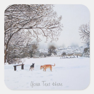 Sticker Carré chiens jouant au jeu de la neige en hiver