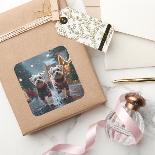 Sticker Carré Chiens Maltais Noël Neige Fêtes (Cadeaux)