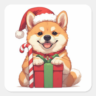 Sticker Carré Chiens Shiba Inu chiot tenant un cadeau de Noël da