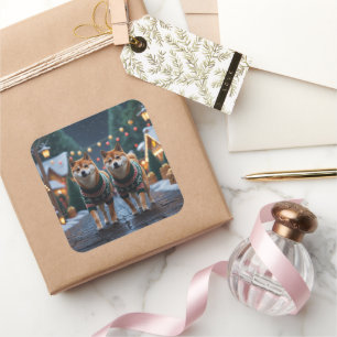 Sticker Carré Chiens Shiba Inu Noël Neige Fêtes