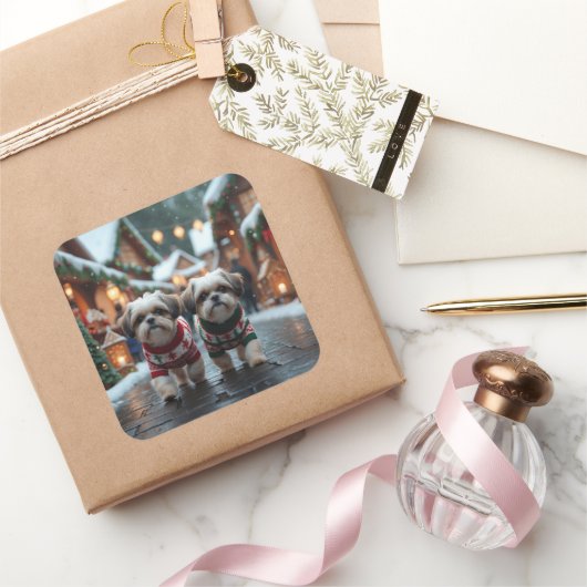 Sticker Carré Chiens Shih Tzu Noël Neige Fêtes (Cadeaux)