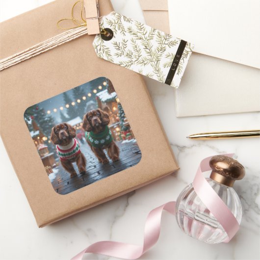 Sticker Carré Chiens Spaniel Tibétains Noël Neige Fêtes (Cadeaux)