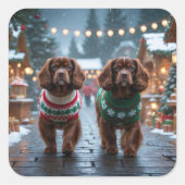 Sticker Carré Chiens Spaniel Tibétains Noël Neige Fêtes (Devant)