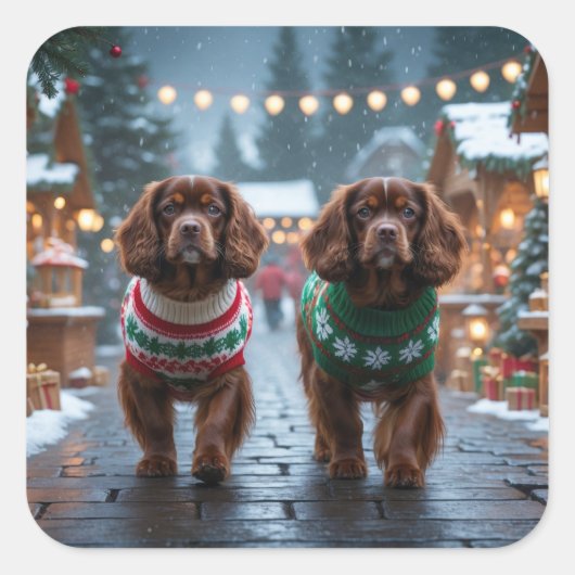Sticker Carré Chiens Spaniel Tibétains Noël Neige Fêtes (Devant)