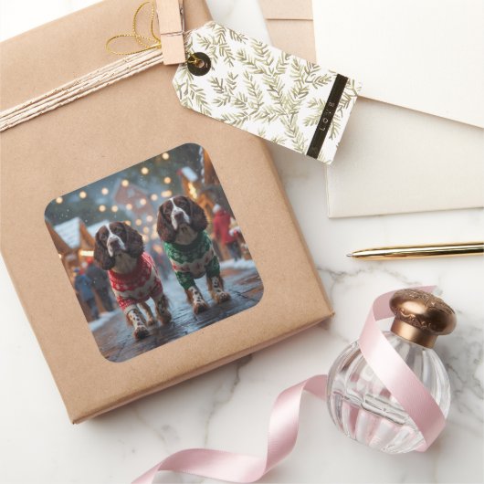 Sticker Carré Chiens Springer Spaniel Noël Neige Fêtes (Cadeaux)