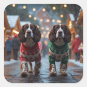 Sticker Carré Chiens Springer Spaniel Noël Neige Fêtes (Devant)