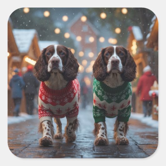 Sticker Carré Chiens Springer Spaniel Noël Neige Fêtes (Devant)