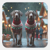 Sticker Carré Chiens Weimaraner Noël Neige Fêtes (Devant)