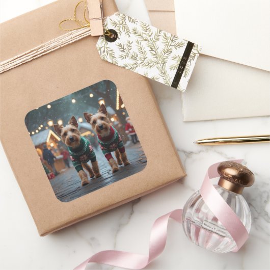 Sticker Carré Chiens Wire Fox Terrier Noël Neige Fêtes (Cadeaux)