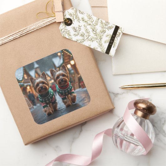 Sticker Carré Chiens Yorkshire Terrier Noël Neige Fêtes  (Cadeaux)