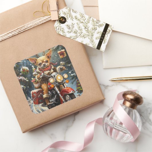 Sticker Carré Chihuahua Chien équitation moto Noël (Cadeaux)