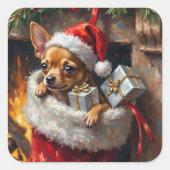 Sticker Carré Chihuahua Dog Christmas Stocking Surprise Art (Devant)