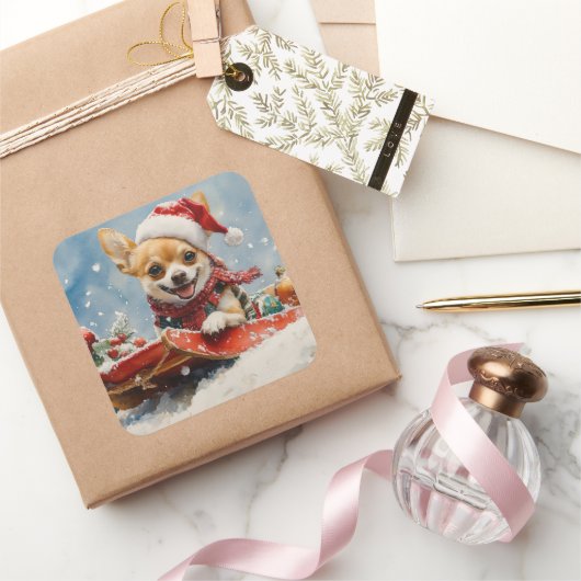 Sticker Carré Chihuahua Dog in Sledge Let it neiger Noël (Cadeaux)