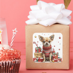 Sticker Carré Chihuahua en pull avec des boîtes-cadeaux