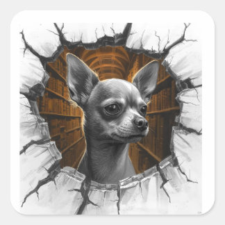 Sticker Carré Chihuahua Peers Through A Grey Wooden Wall