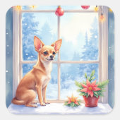 Sticker Carré Chihuahua Snowy Windowsill Holiday Christmas Art (Devant)