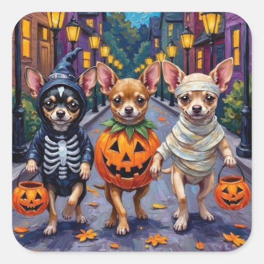 Sticker Carré Chihuahua Trick-or-Treating en costumes d'Hallowee (Devant)