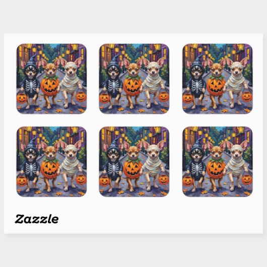 Sticker Carré Chihuahua Trick-or-Treating en costumes d'Hallowee (Feuille)