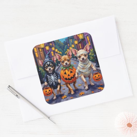 Sticker Carré Chihuahua Trick-or-Treating en costumes d'Hallowee (Enveloppe)