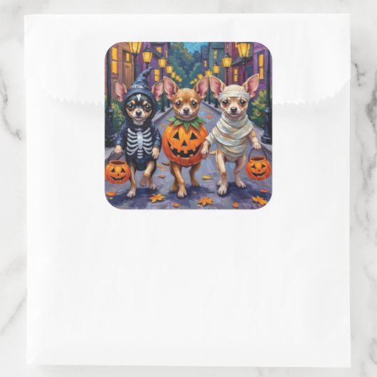 Sticker Carré Chihuahua Trick-or-Treating en costumes d'Hallowee (Sac)