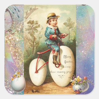 STICKER CARRÉ CHILD WITH EASTER EGG BIKE AND COLORFUL FLOWERS