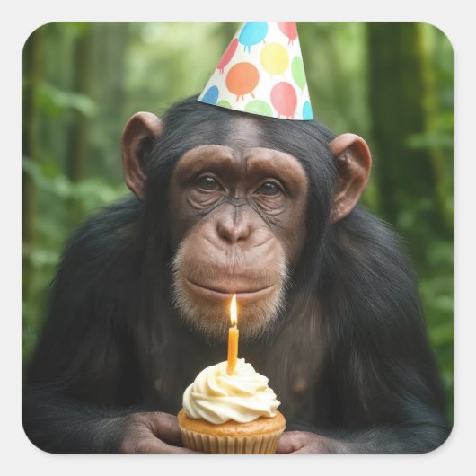 Sticker Carré Chimpanzé tenant un gâteau d'anniversaire (Devant)